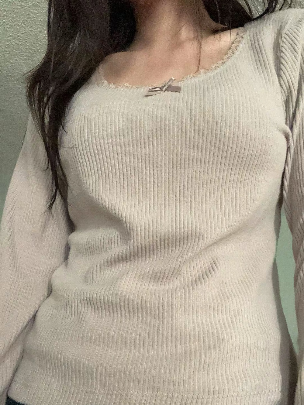 Suzy Shier beige lace trim ribbed sweater